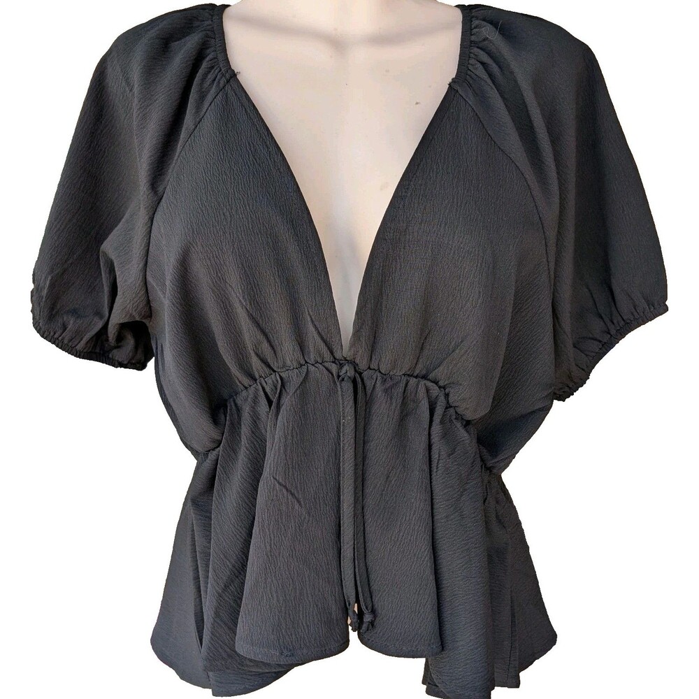 Black Plunge Neck Blouse Medium Ruffle Flutter Sleeve Backless Tie Top Cleavage